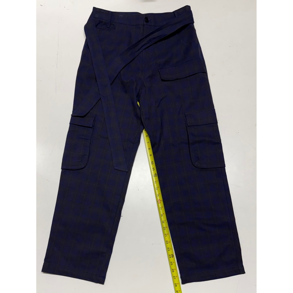 ZARA Women Plaid Wide Leg Cargo Pants Belted Navy Blue‎ Size L Baggy